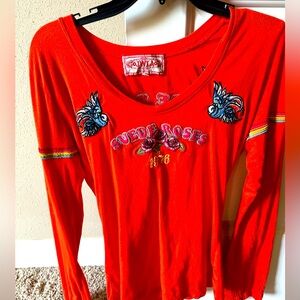 Johnny Was Red Embroidered 'Suede Roses' Long Sleeve Tee